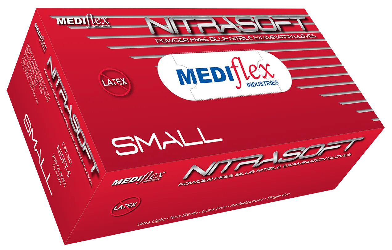 Nitrasoft extra small powder free nitrile gloves by Mediflex in blue box for latex-free protection